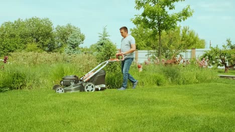 lawn mower cutting the grass. gardening activity. cutting grass with petrol driven lawn mower in sunny garden. gardener working with  mower machine in the garden. lawn mower cutting green grass