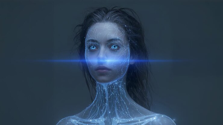 Vertical video: Female cyborg standing in dim lab, blue beam sweeping activating tech circuitry
