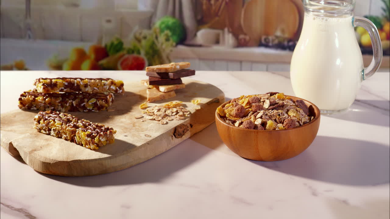 A cozy farmhouse kitchen scene with granola bars, mixed cereal in a wooden bowl, chocolate pieces, oats, and a glass jug of milk. Fresh fruits and vegetables blur in the sunlit background.