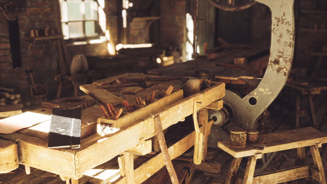 Workshop interior showcasing antique woodworking tools and machinery