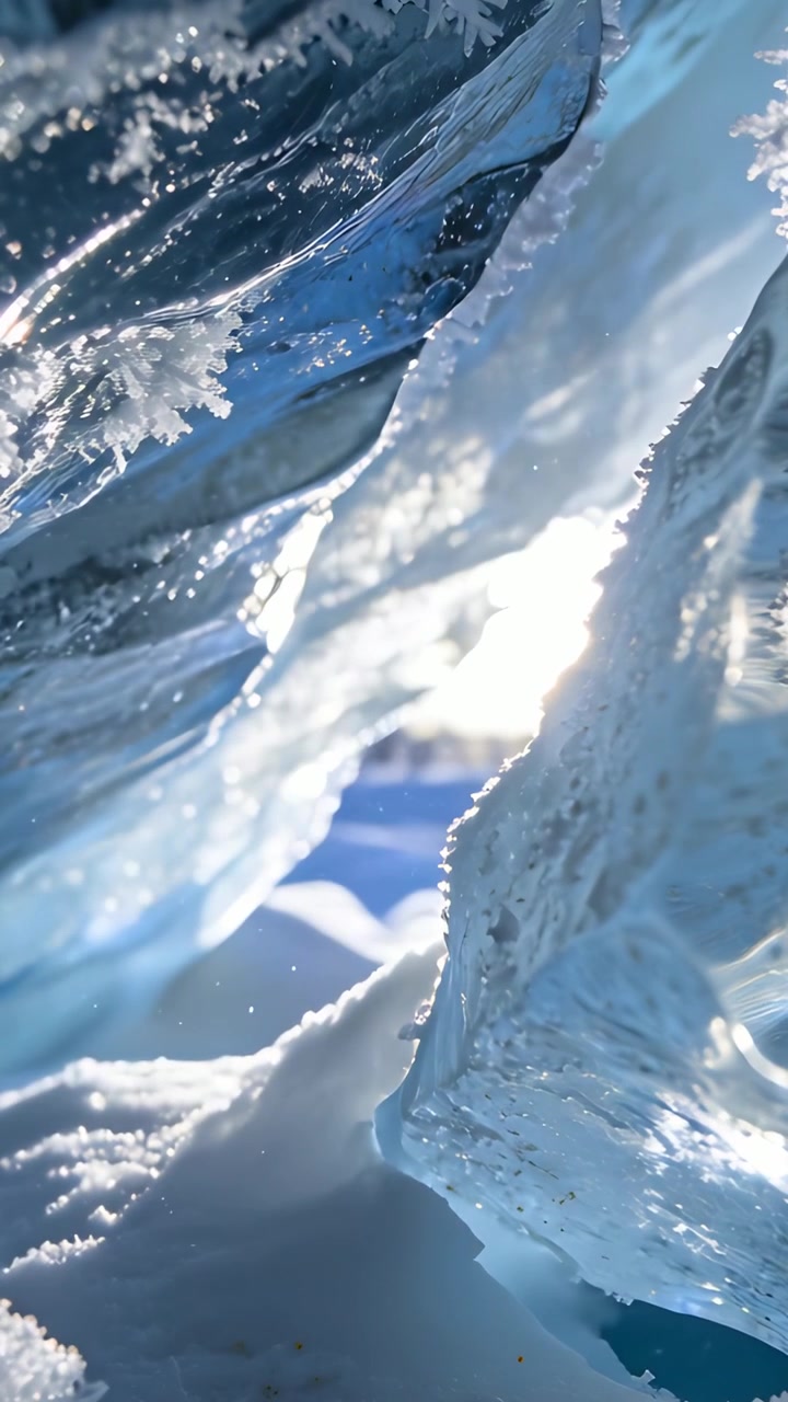 Vertical video: Sliding cam moving into icy crevice at glacier sun urging frost glinting