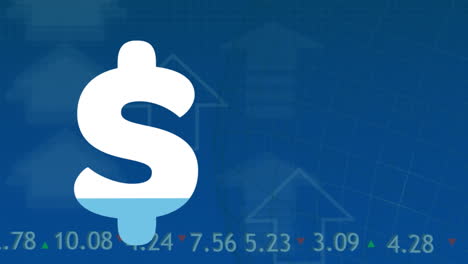 animación del signo de dólar que se llena con azul y procesamiento de datos financieros