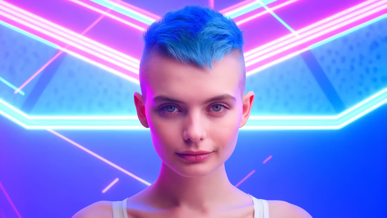 Giovane donna con capelli blu su sfondo futuristico al neon