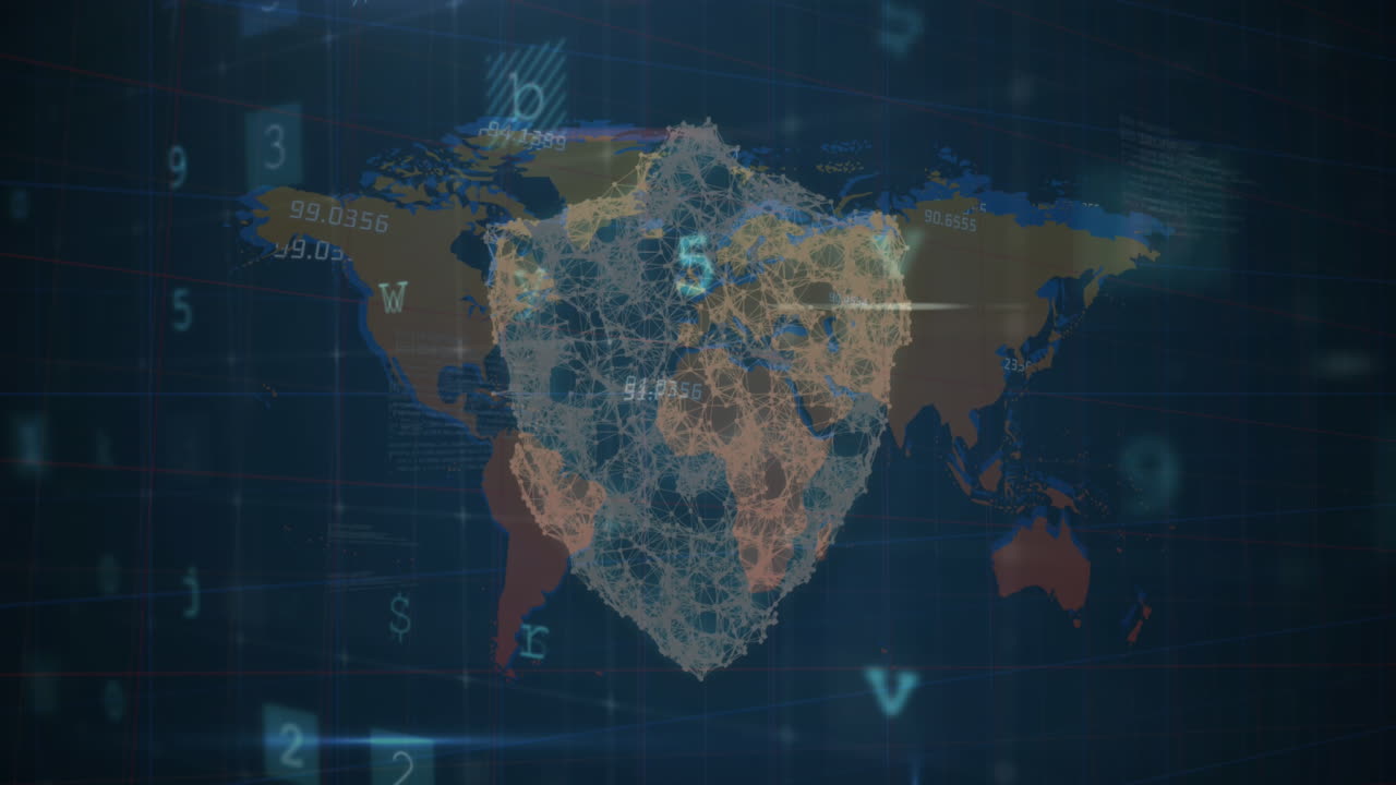 Animation of cyber security concept icons and data processing against world map on blue background