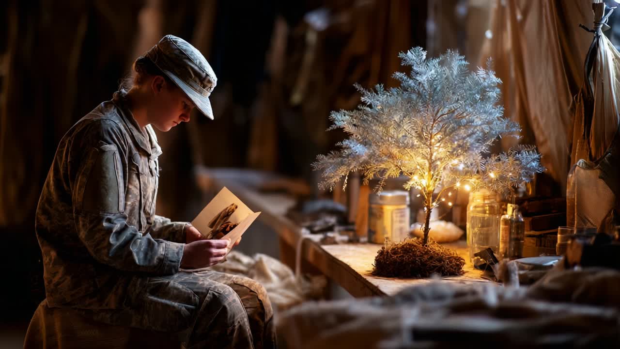 A Soldier Reflecting in a Cozy Setting with a Lit Tree, Captured in Two Frames of Introspection Amidst a Rustic Environment, Evoking Feelings of Nostalgia and Remembrance During Quiet Moments