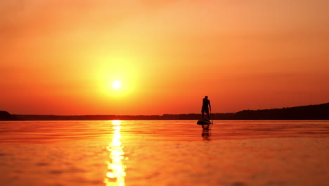 man uses a paddle to float by the river. sportsman stands on the sup board approaching camera. sunset at backdrop.
