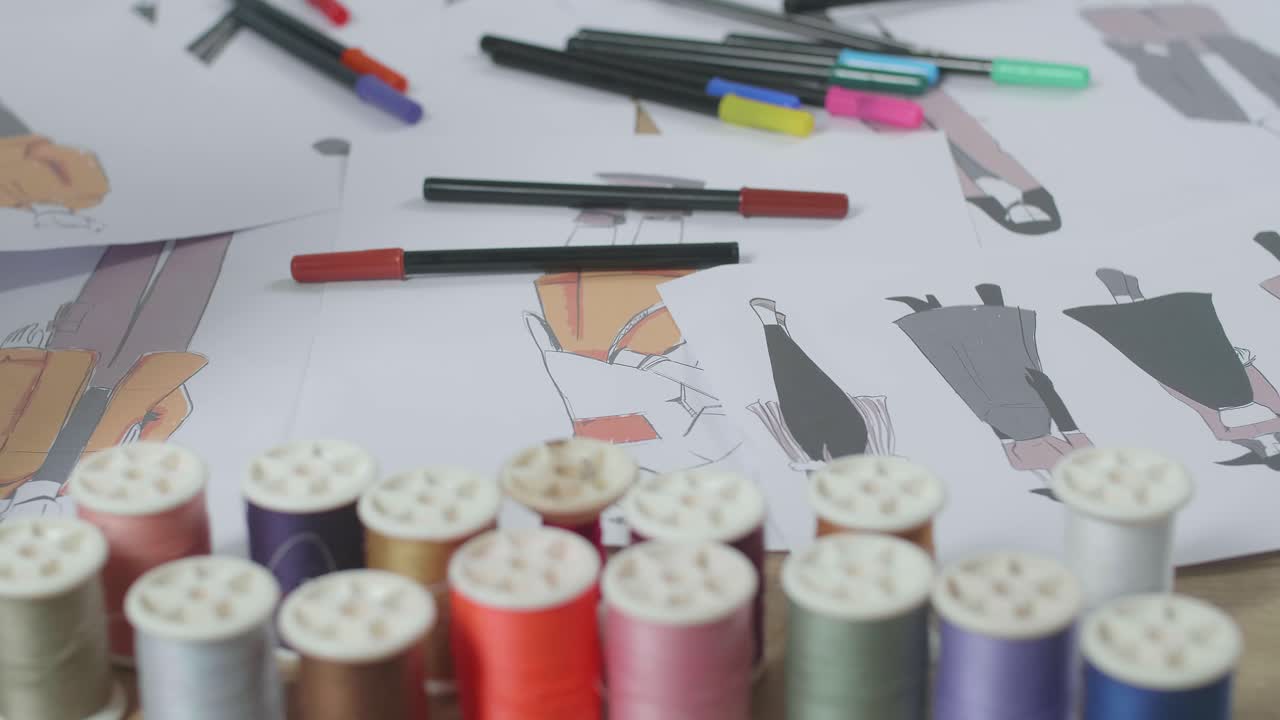 close up de la ropa dibujando imágenes están en la mesa con una máquina de coser en el estudio del diseñador