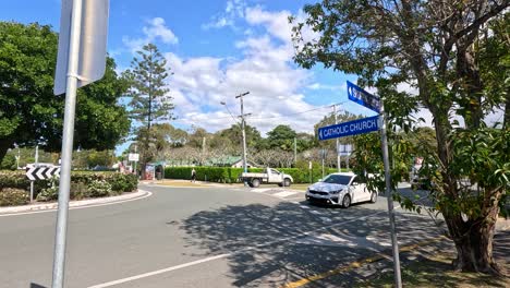 a car driving through a roundabout