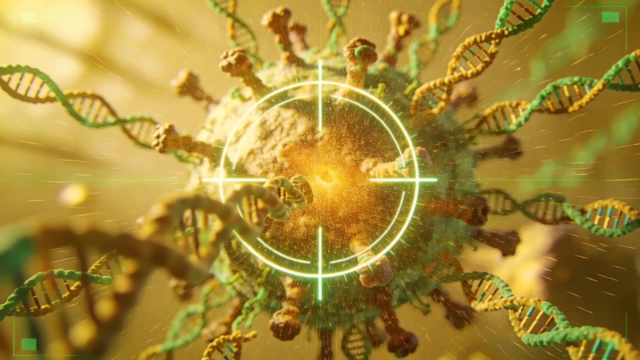 Tâm ngắm màu xanh lá cây đang nhấp nháy khóa hạt virus ở cấp độ nano, các xoắn ốc luồn vào bên trong kích hoạt lõi.