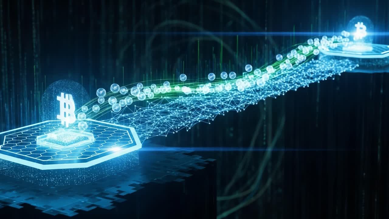 Visualizing the Flow of Cryptocurrency Transaction Data: A Futuristic Digital Network Connecting Blockchain Nodes through Dynamic Light and Energy Representations