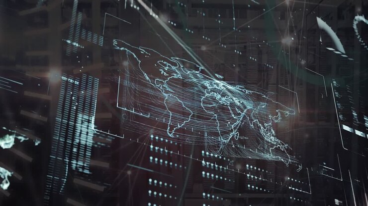 Animation of data processing and networks of connections over grind