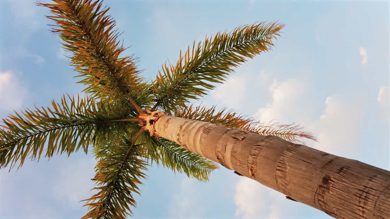 Close up of a palm tree on the beach with the blue sky on the background