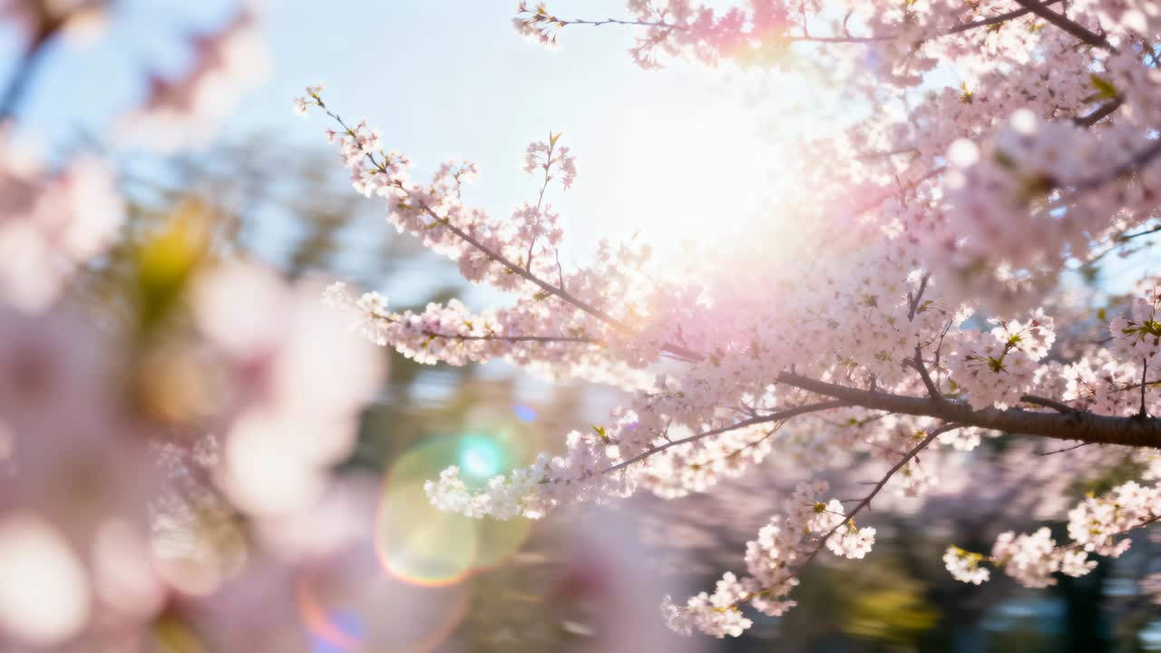 公園の斜めに咲く桜の枝がそよ風に揺れ、太陽の逆光によるレンズフレアが移り変わる
