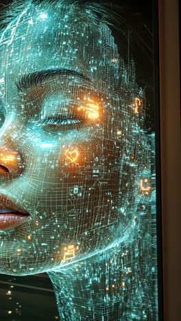 intricate digital art of a woman's face illuminated by glowing patterns