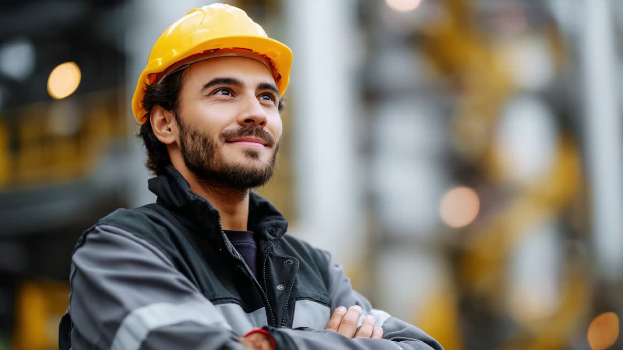 A confident construction worker in a safety helmet looks ahead with a satisfied smile, showcasing pride in his profession and the projects around him, set against a backdrop of machinery and equipment