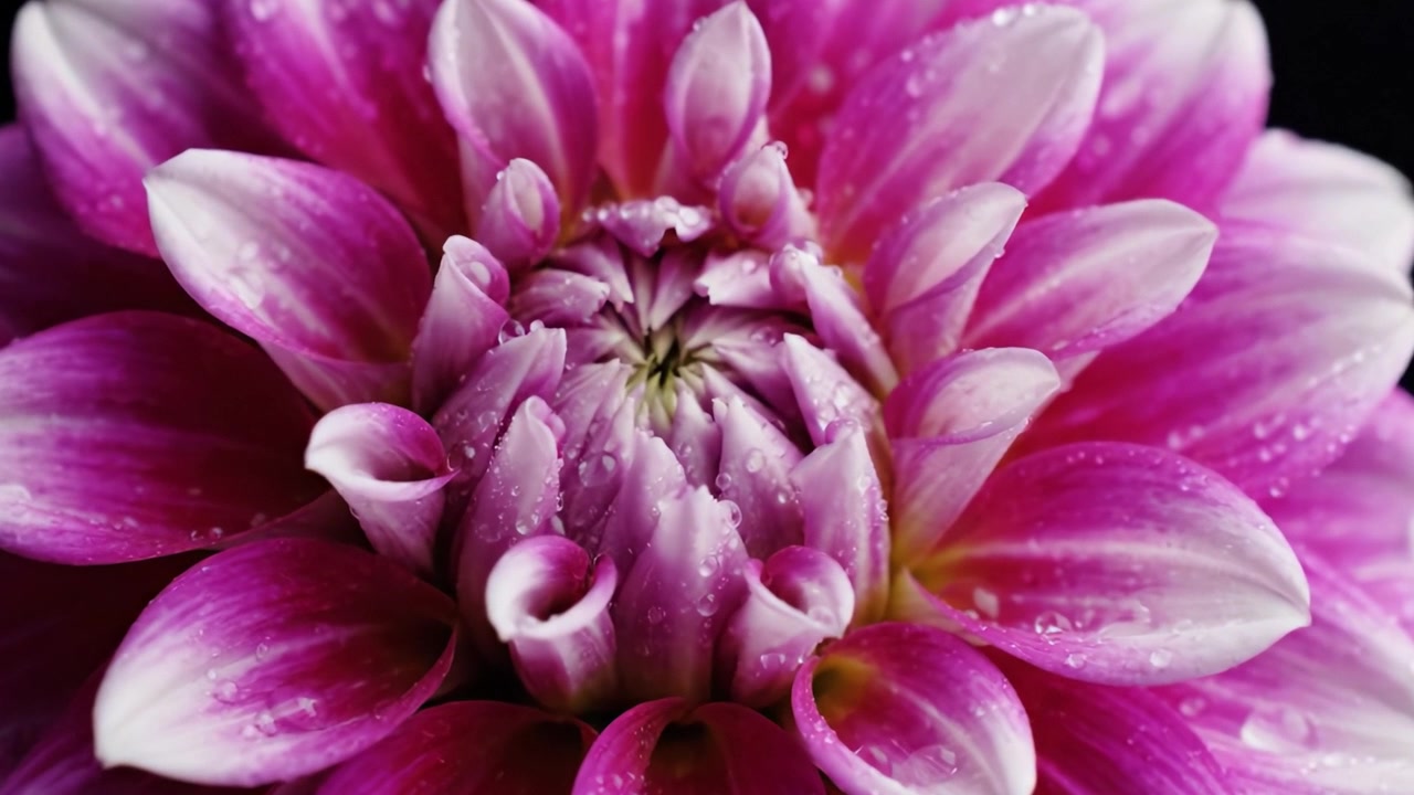 Primo piano di un bellissimo fiore rosa con goccioline d'acqua, che mostra petali intricati e colori vivaci su uno sfondo scuro.