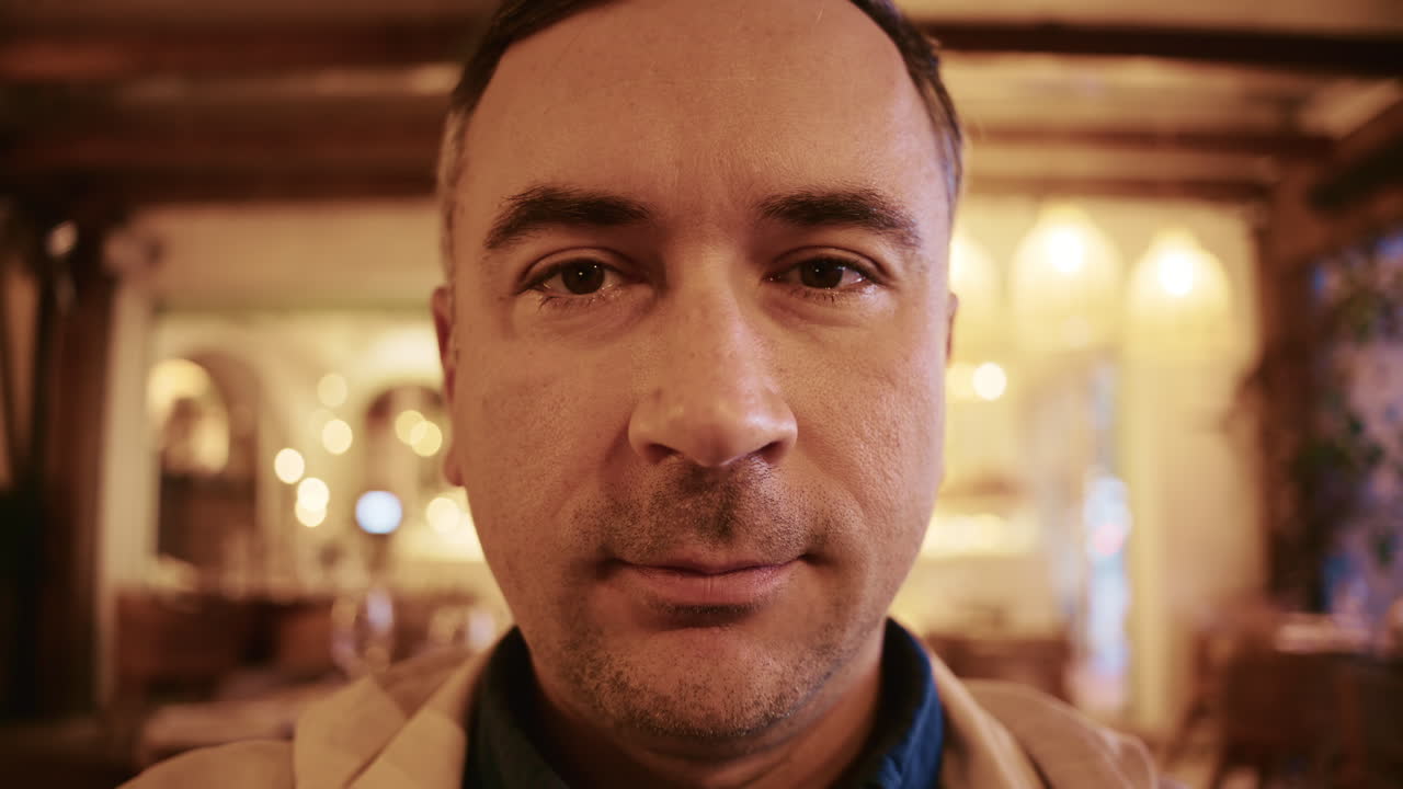 Close up portrait of a man sitting inside a warmly lit restaurant
