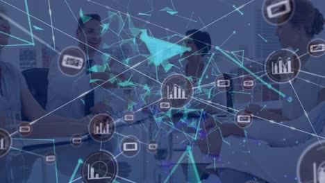 animation of network of digital icons over diverse businesspeople discussing together at office