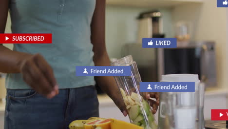 preparing smoothie in kitchen, social media notifications appearing in animation