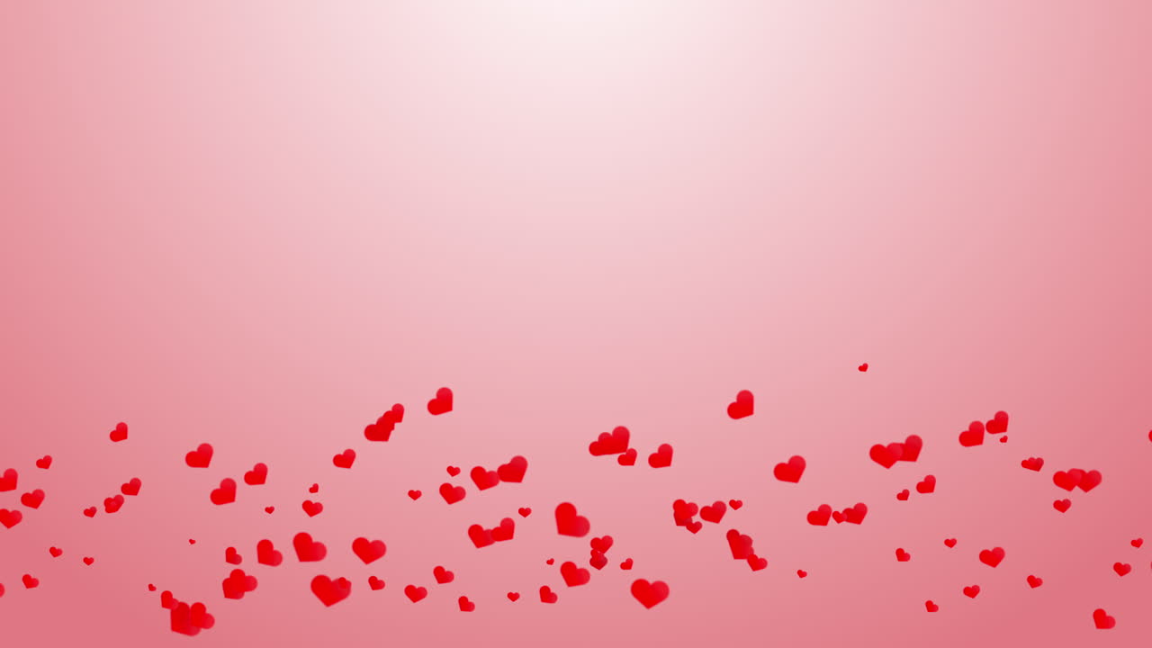 Animation of flying red hearts in the wind at the bottom. Romantic pink background.