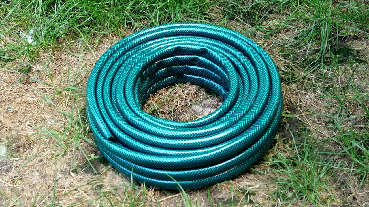 New green rubber hose, which lies in the backyard.