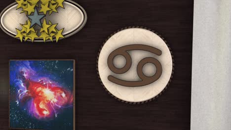 signo del zodiaco cáncer, hermosas estrellas doradas y la estrella roja imagen de la constelación de cáncer en fondo de pared marrón. animación. elemento agua, símbolo de cáncer, concepto de astrología