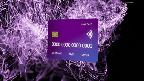 Animation-of-credit-card-with-data-over-glowing-lights-background