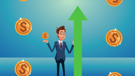 elegant businnessman with arrow up and coins character animated