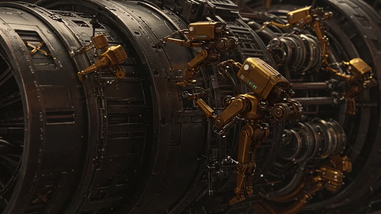 Intricate Mechanical Robots Engaged in Advanced Maintenance on a Futuristic Engine System, Showcasing Detail and Innovation in Technology