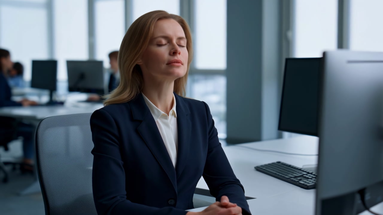 White Businesswoman Meditating At Desk In Modern Openplan Office, Eyes Closed, Hands Clasped, Calm Breathing,