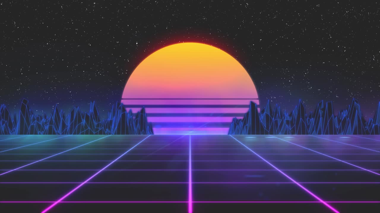 Stylized vintage 3D animation background with mountains, sun and glowing stars. 80s retro futuristic sci-fi seamless loop