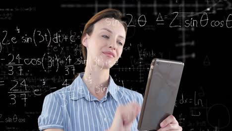 Animation-of-Caucasian-woman-using-her-tablet-with-floating-mathematics-formulae-on-black-background