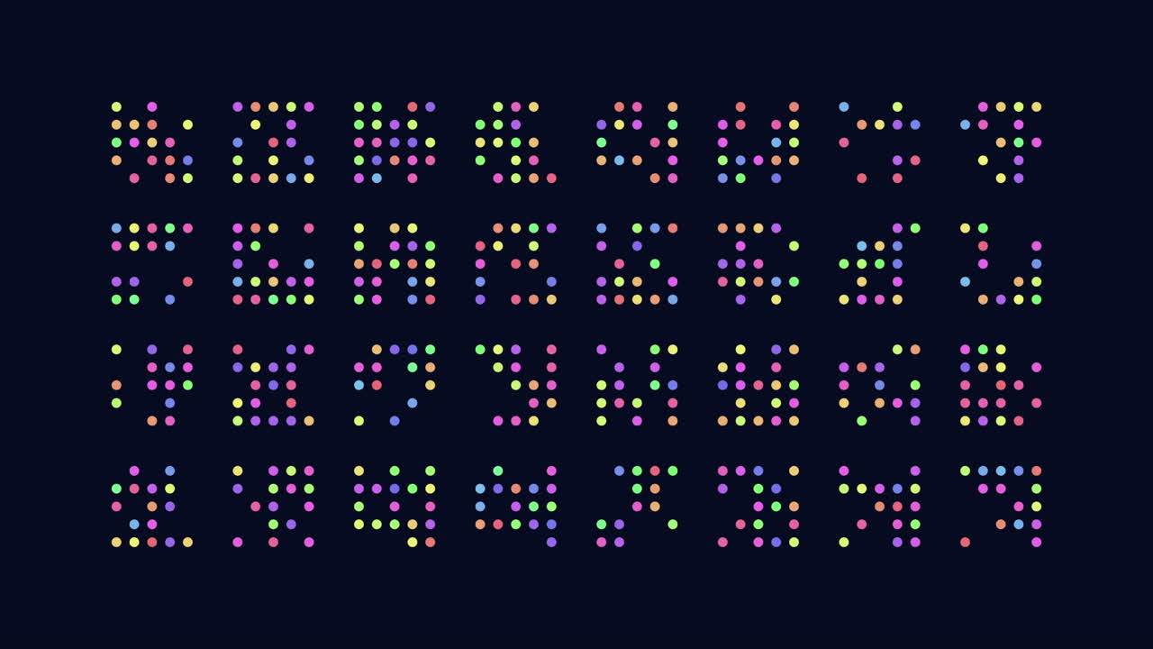 A vibrant pixelated font crafted with small dots forms each letter creating an artistic and digital appearance resembling a pixelated image