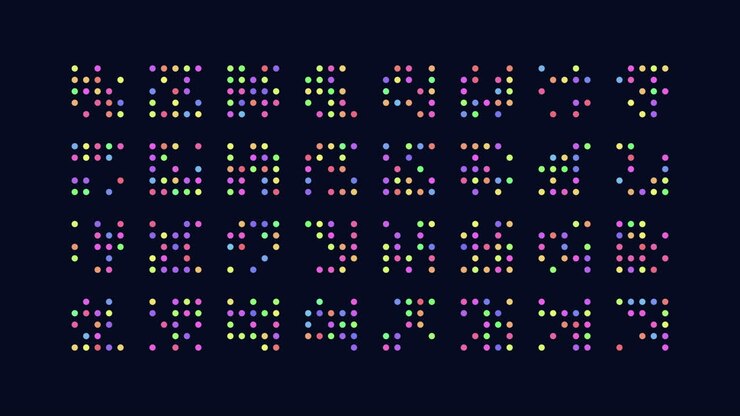 Un carattere pixelato vibrante, realizzato con piccoli punti, forma ogni lettera creando un aspetto artistico e digitale che ricorda un'immagine pixelata.