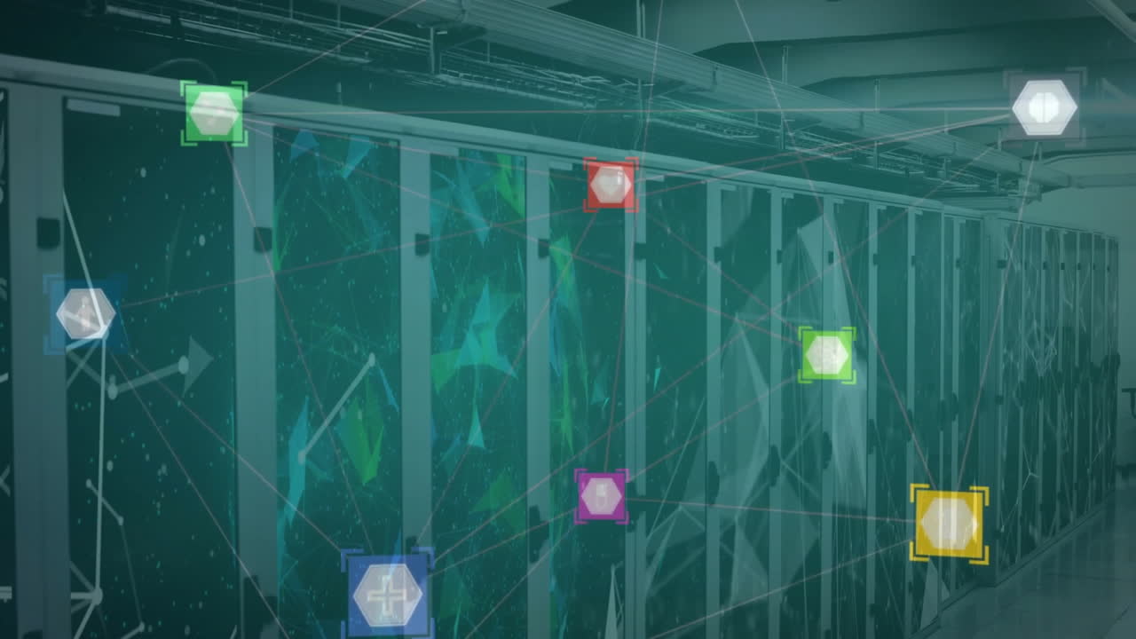 Network of connections and data processing animation over server racks