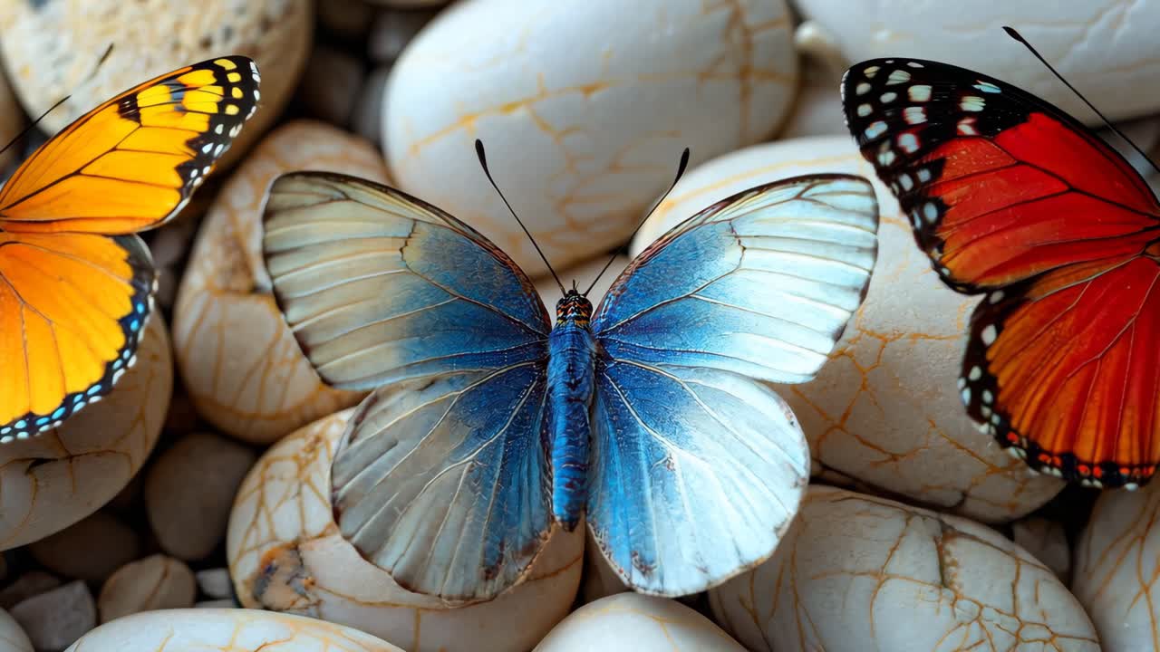 Three butterflies are sitting on a white rock. The butterflies are orange, blue, and red. Concept of peace and tranquility, as the butterflies are resting on the smooth surface of the rock