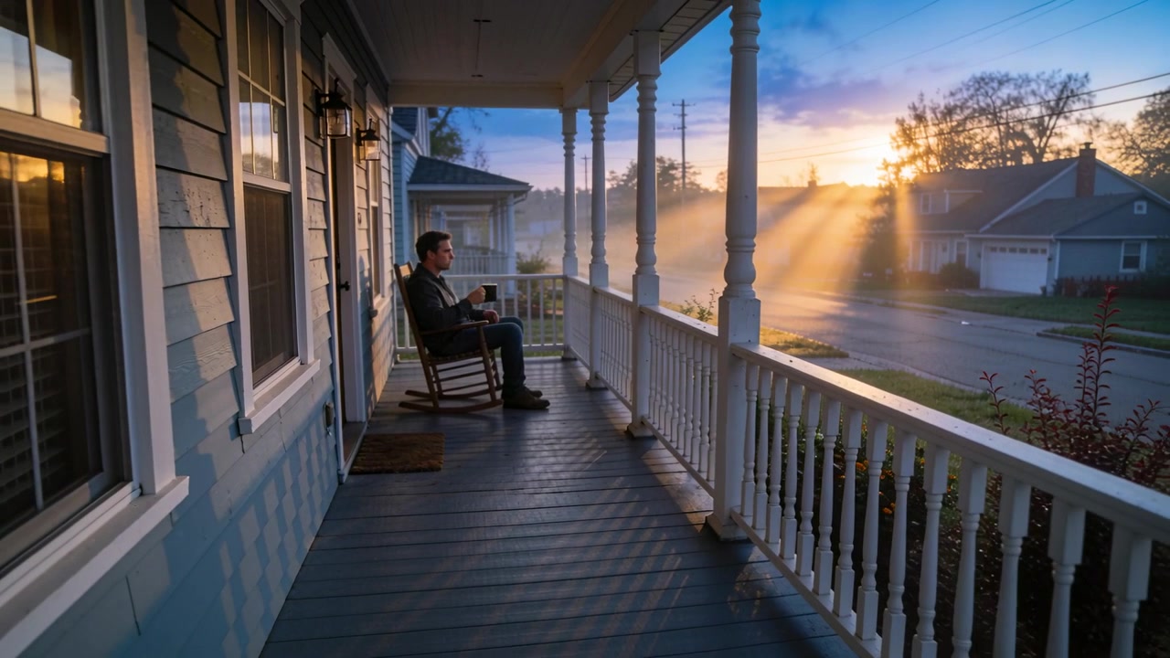 Rocking man on rocking chair wearing dark coat watching sunrise on porch, holding mug and sipping