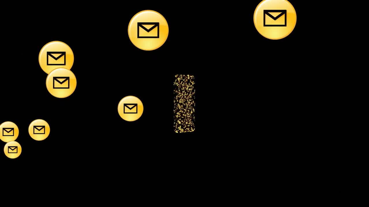 Multiple message icons floating against 3d computer model spinning on black background