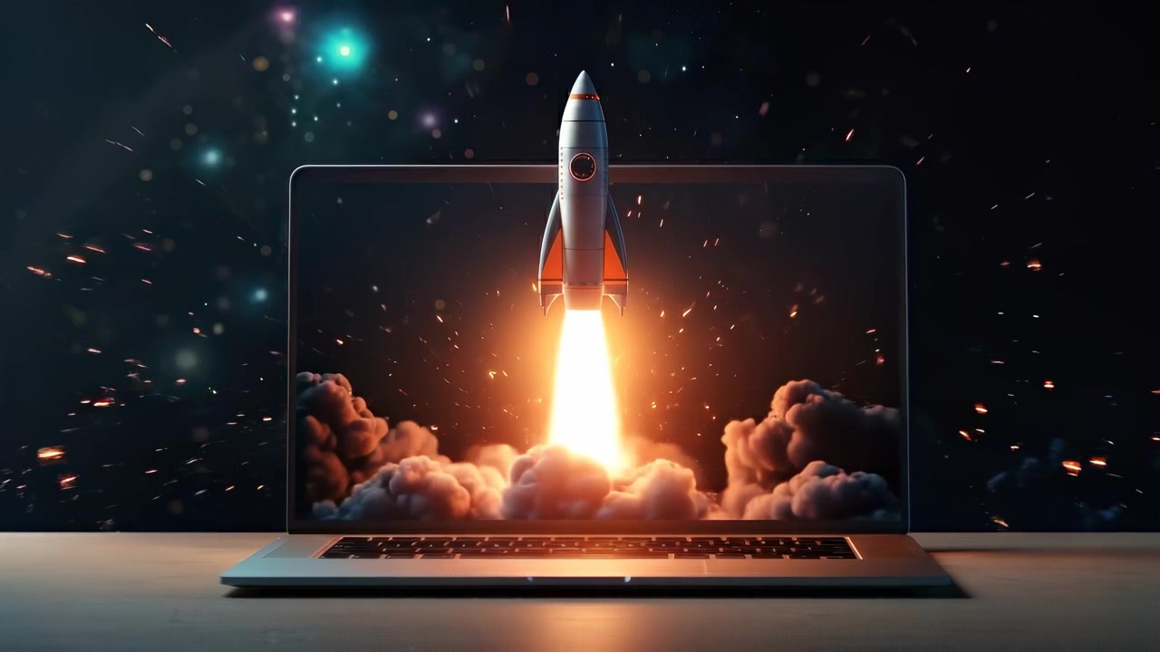 Digital Startup Rocket Launching from Laptop Screen