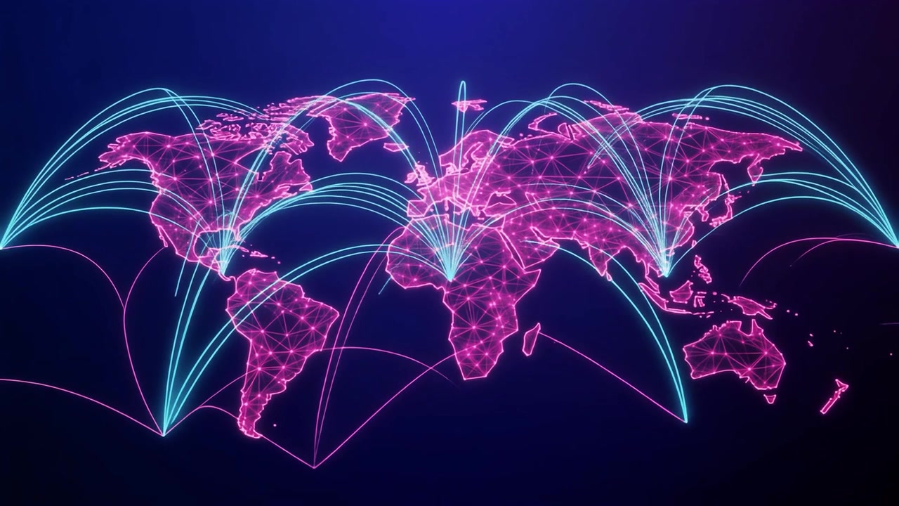 Digital World Map with Glowing Network Connections