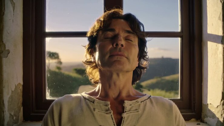 Un uomo di mezza età si appoggia, inclinando la testa all'indietro verso una finestra di legno, indossa una camicia color crema, la luce del sole entra.
