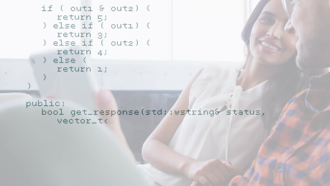 Coworkers starting code discussion by tapping tablet with transparent C++ overlay clarifying logic