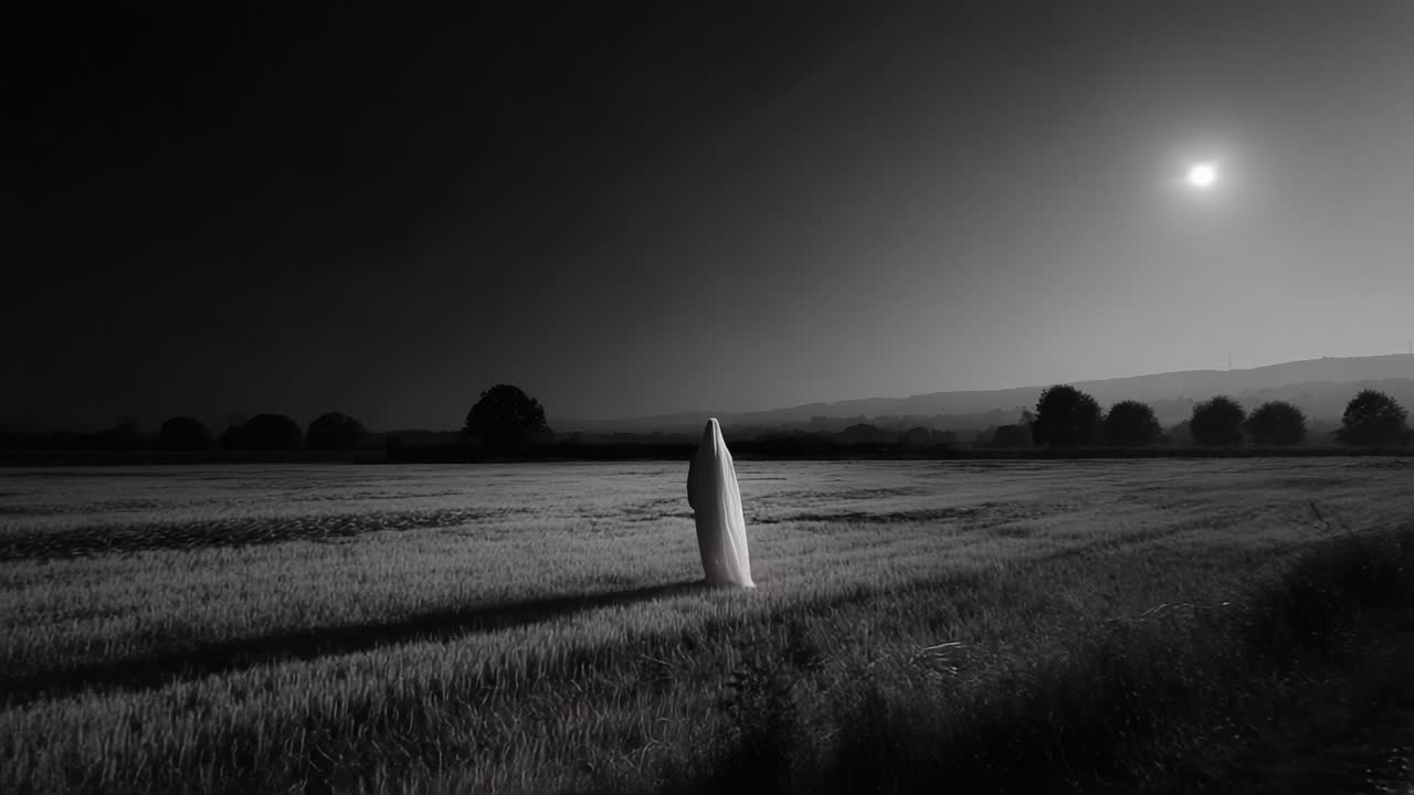 A solitary figure draped in white explores an expansive field under the glow of a moonlit sky, blending elements of mystery and tranquility in stark monochrome tones