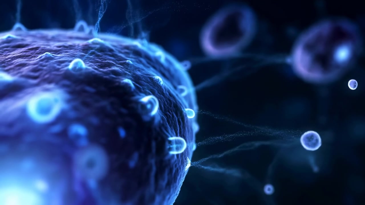 Un oggetto arrotondato blu brillante con texture superficiale dettagliata si muove lentamente su uno sfondo scuro mentre piccole particelle luminose gli passano intorno, creando profondità visiva astratta e contrasto