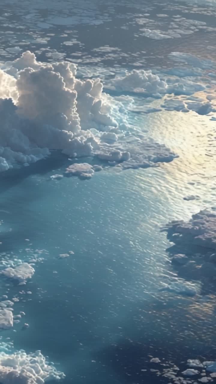 Aerial View of Ice-Capped Waters: Dramatic Clouds and Reflections Over Crystal Clear Ocean Surface in a Serene Atmosphere