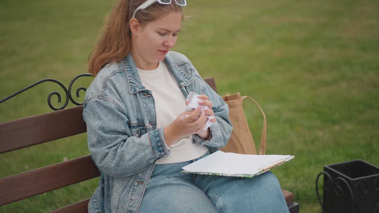Woman playfully throws paper. Woman in denim enjoying outdoors. Casual woman tossing paper in park. Energetic woman in denim jacket playfully tossing crumpled paper on grassy park field