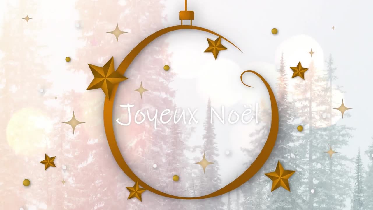 animación de las estaciones de navidad saludos en francés sobre las estrellas y decoraciones sobre los abetos