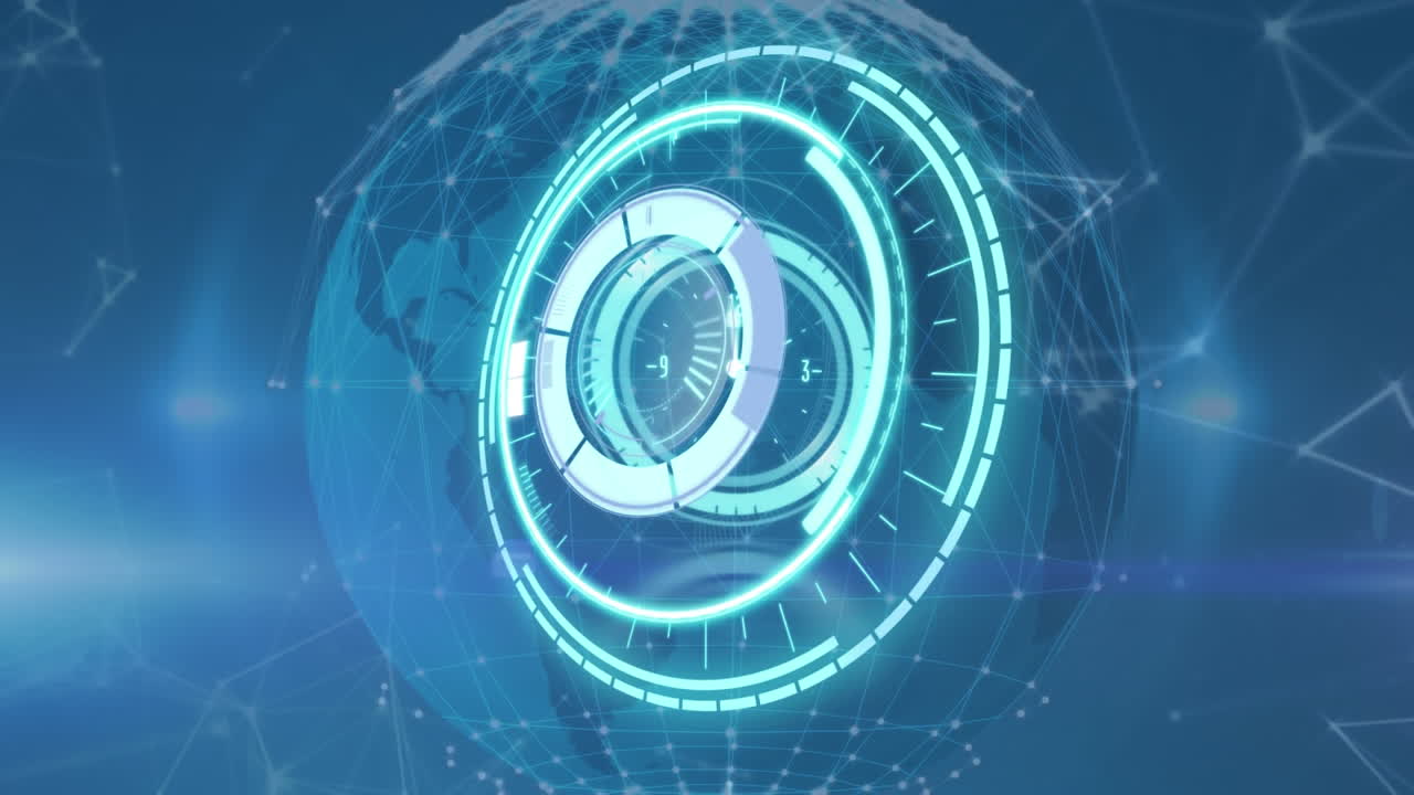 Animation of processing circle over network of connections and globe over blue background