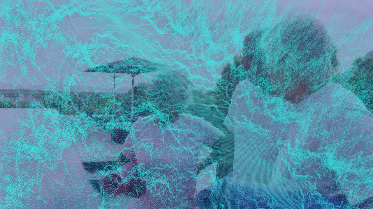 Playing saxophone, man performing with blue electric wave animation in background