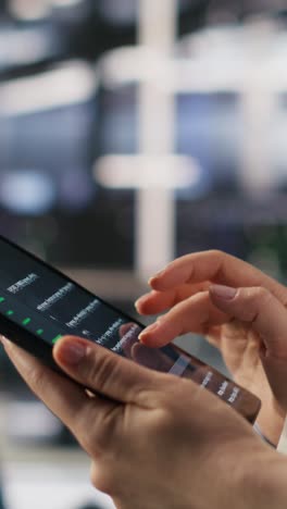 Vertical video Close up of data center system administrator coding on tablet